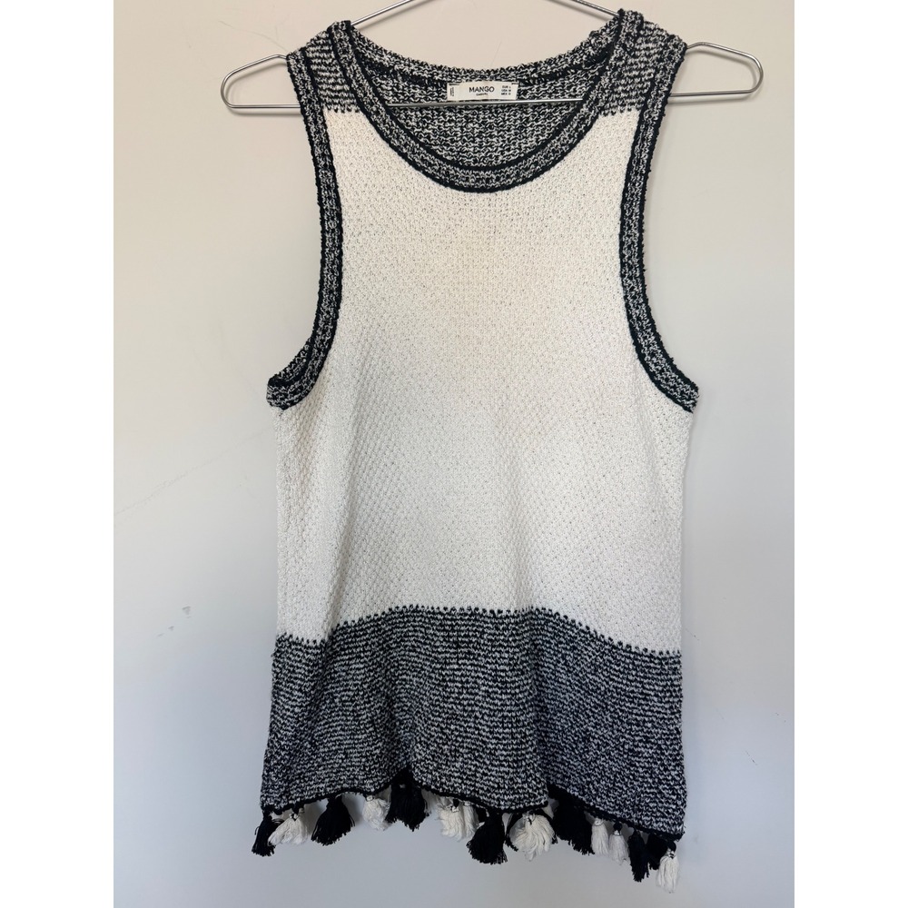 Mango Casual Black White Knit Sleeveless Tassel Hem Top Size M